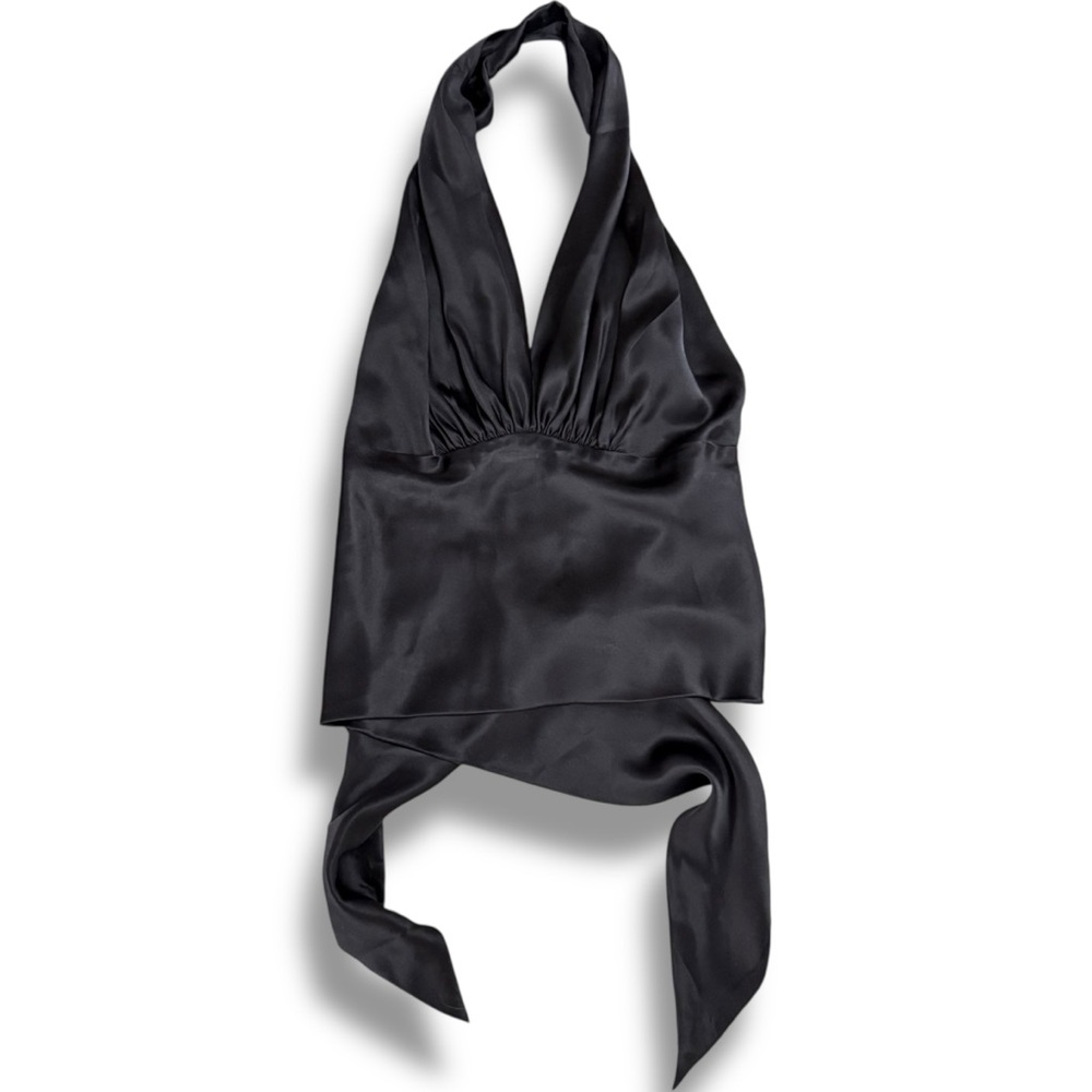 Y2K Silk Halter‎ Top Tie Back Sleeveless Black Open Back Party Cocktail Sexy O/S